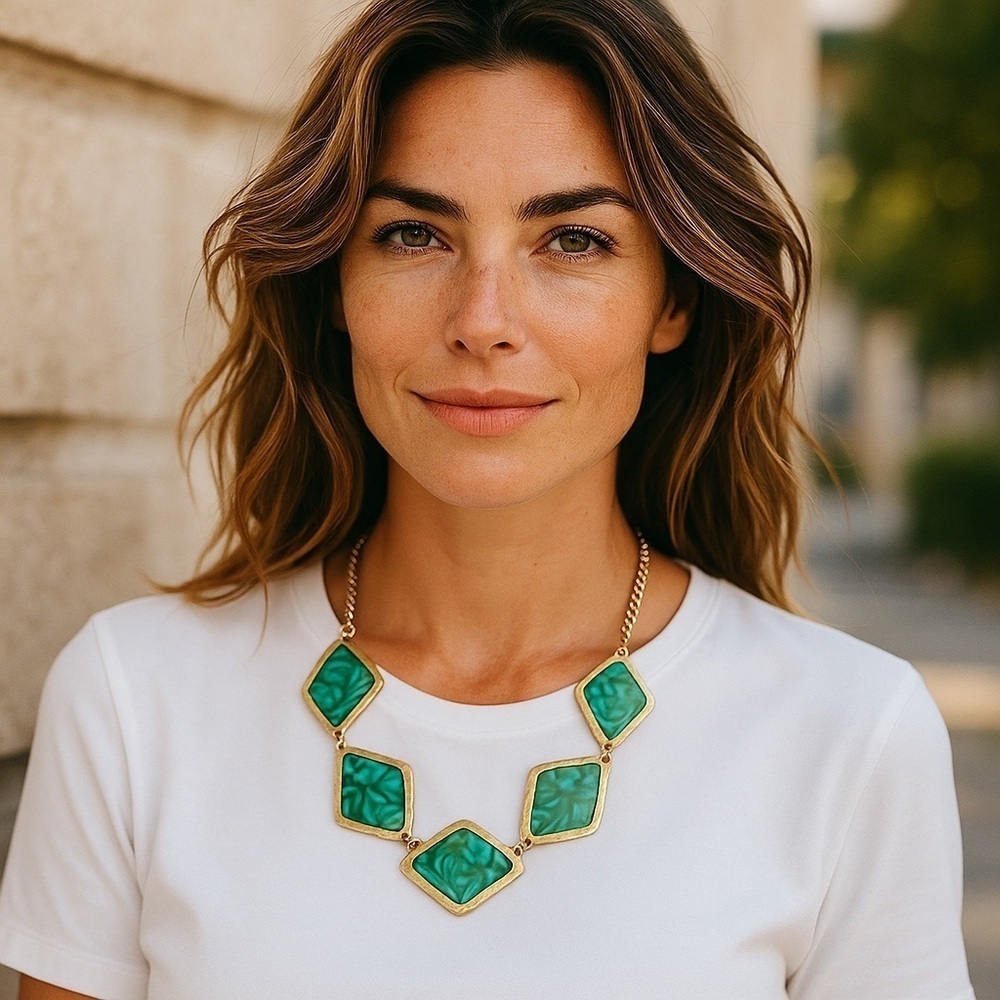 Diamond Shape Gold Tone Necklace With Cascading Deep Green tones.